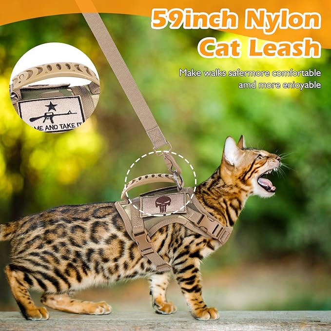 Tactical Cat Harness and Leash Set for Walking Escape Proof, Adjustable Large Cat Vest Harness with Molle Patches, Soft Mesh Padding, Rubber Handle Easy to Control (Large, Beige)