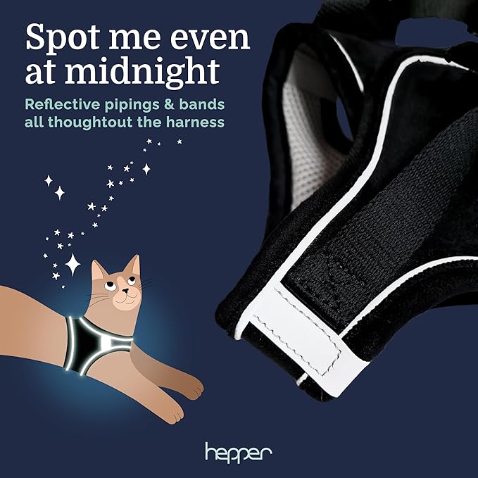 Hepper Cat Harness and Leash Escape Proof Set - Black Tactical Cat Harness with Reflective Safety Strips - Kitten or Cat Vest/Cat Jacket/Cat Walker (S)