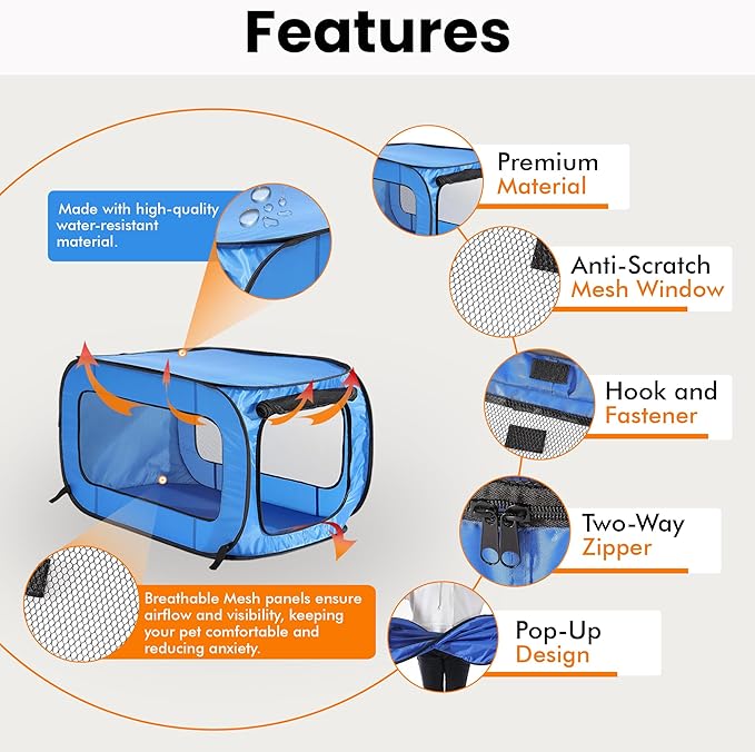 Beatrice Home Fashions Portable, Collapsible, Pop Up Kennel Travel Cat and Dog Crate, 24" L x 16.6" W x 16" H, Blue