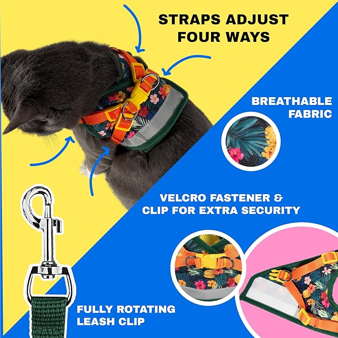 Travel Cat Harness and Leash Set - Adjustable Fit Mesh Cat Harness and Reflective Strap - Comfort Escape Proof Harness for Cats, Kitten for Outdoor Walking, Hiking (Medium, Hawaiian)