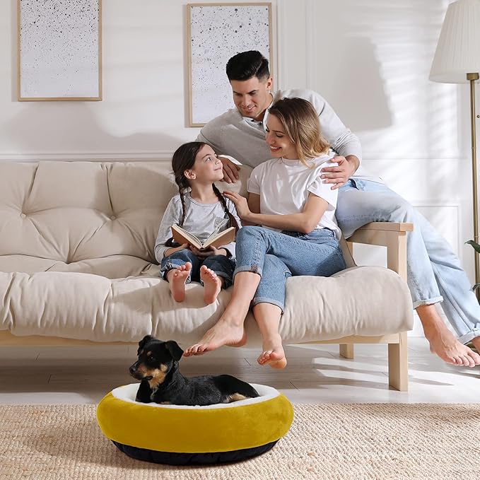 Love's cabin Yellow Round Donut Cat Bed, 20x20in, Soft Durable Fabric, Anti-Slip Water-Resistant, Washable Pet Bed