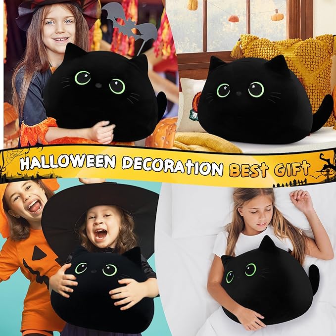 19'' Black Cat Plush Toy- Giant Black Cat Stuffed Animal, Large Black Cat Plushie Kawaii PlushiesGreen Star Eyes Cat Plush Pillow, Black Cat Decor Plush Toys Plushie Christmas Birthday Gift for Kids