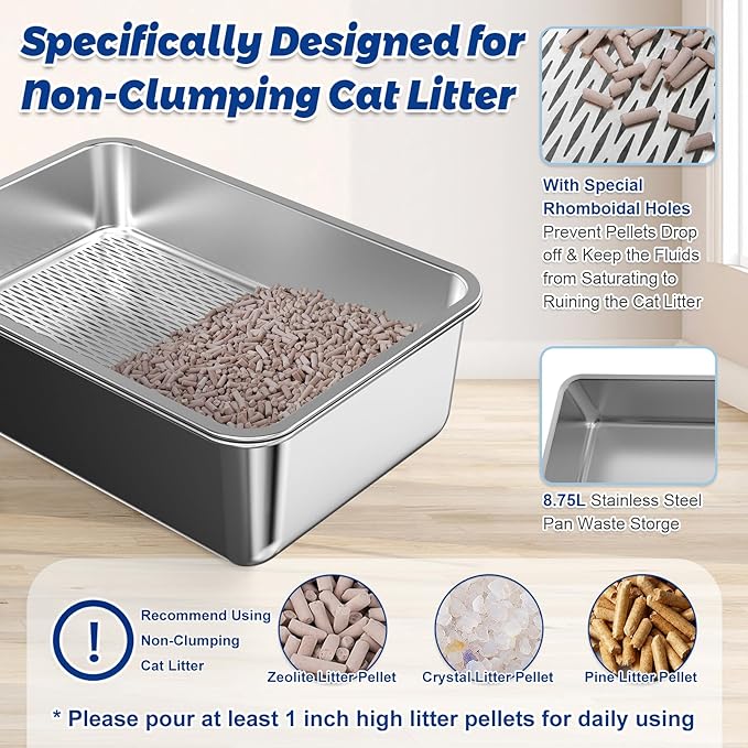 19.6''x13.7''x6'' Stainless Steel Sifting Litter Box for Pine Pellets, Stainless Steel Litter Box for Sifter Litter Pan System, Metal Litter Box with Footboard and Scoop, Odor Control, Easy Cleaning