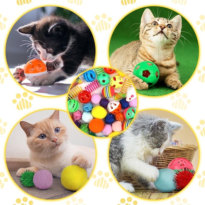 Kitten Toys, 60PCS Cat Balls Springs Toy Set, Sparkle Ball, Cat Mouse Toy, Cat Crinkle Balls, Cat Springs, Cat Ball Toy, Furry Cat Toys Balls Soft Pom Pom Balls