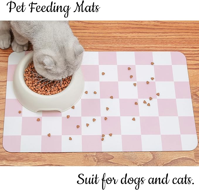 Ralxion Checkered Dog Feeding Mat, Absorbent Mats for Dog Food and Water Bowl, Dispenser, Retro Aesthetic Pink Checkerboard Pet Placemat for Dogs, Cats, Puppy Accessories, 12" X19”