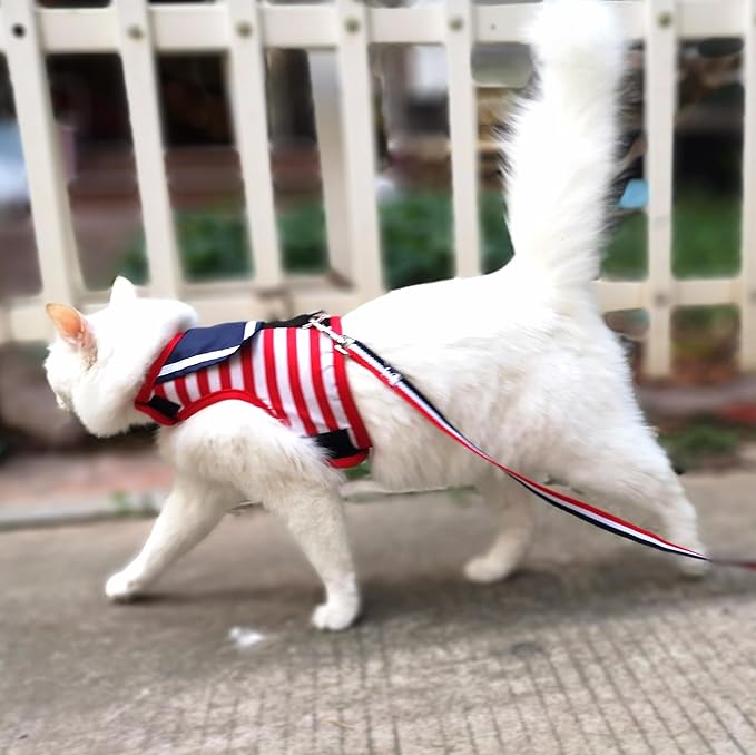 Cat Harness and Leash for Walking Escape Proof, Adjustable Cat Vest Harness, Padded Stylish Cat Walking Jackets, Sailor Suit Red, X-Small