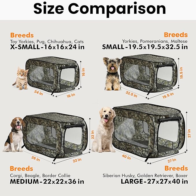 Beatrice Home Fashions Portable, Collapsible, Pop Up Kennel Travel Cat and Dog Crate, 24" L x 16.6" W x 16" H, Camo Green