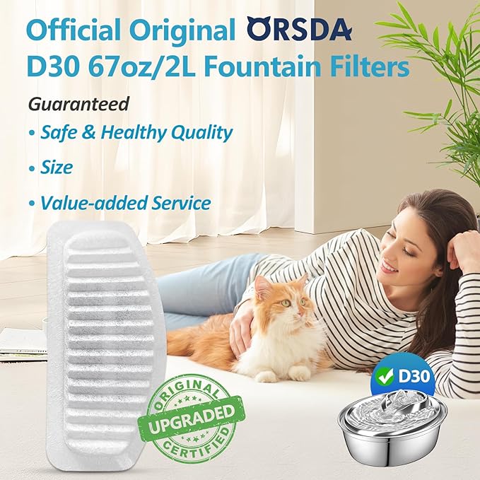 ORSDA Cat Water Fountain Filter, 6 Pack Replacement Filters for 67oz/2L Automatic Pet Fountain Cat Water Fountain Dog Water Dispenser, 3 Triple Filtration System