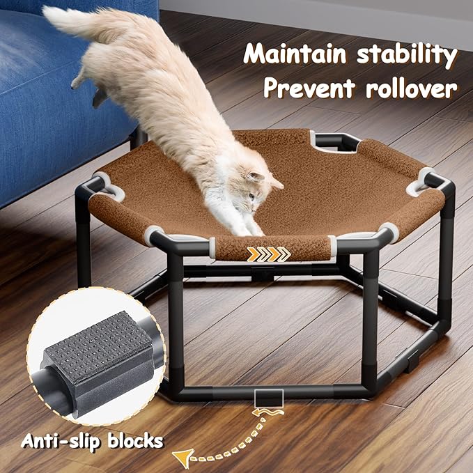 Tresbro Cat Bed, Hexagon Warm Elevated Cat Bed with Thick Teddy Velvet & Anti-Slip Pads, Raised Cat Hammock Bed for Indoor and Outdoor Use, 20.5'' x 18'' x 9.4'' Cat Hammock for Medium to Small Cats