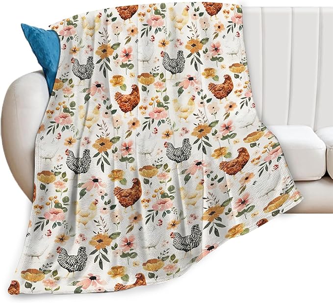 Chicken Floral Blanket Rooster Hen Printed Decor Throw Blanket Warm Soft Plush Lightweight Fleece Flannel Winter Blanket Farm Gifts for Girls Women Farmer Lover Boys Baby Kids Couch Bedding 50"X60"