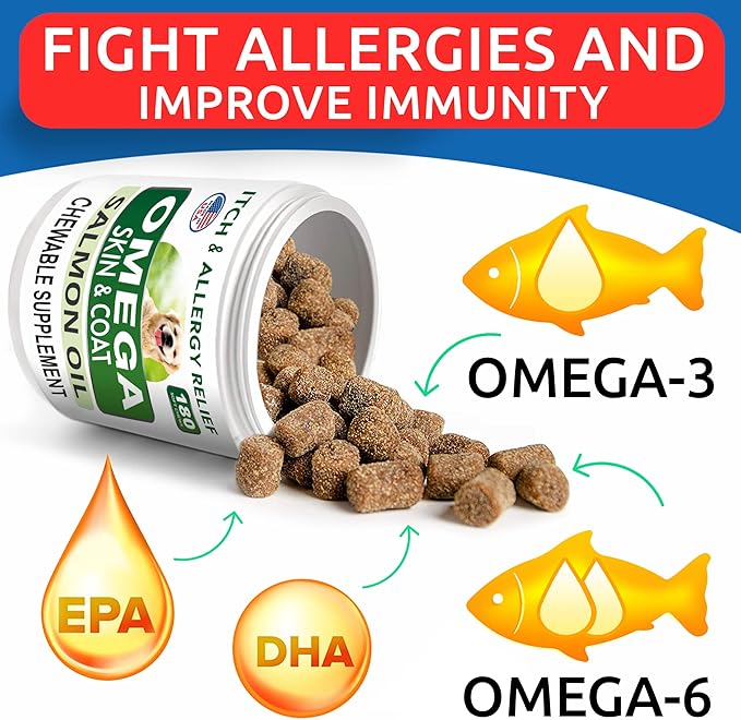 BARK&SPARK Omega 3 for Dogs - 150 Fish Oil Treats for Dogs - Skin and Coat Supplement - EPA & DHA Fatty Acids - Canine Salmon Oil - Krill and Cod