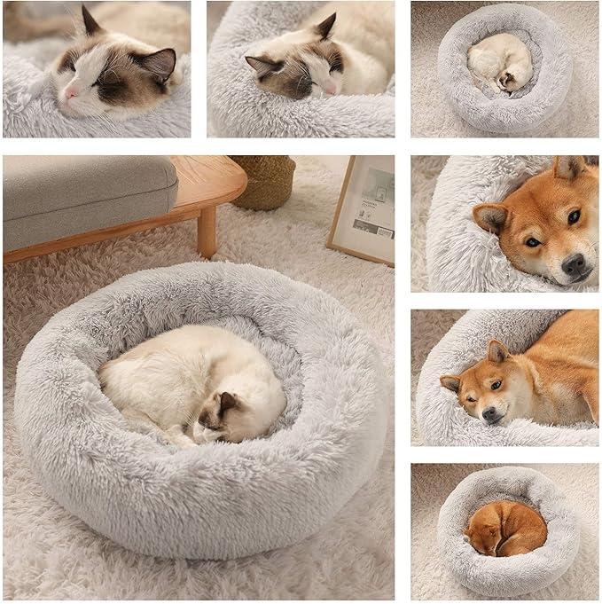 Dog Bed Calming Dog Beds for Small Medium Dogs - Round Donut Washable Dog Bed, Anti-Slip Faux Fur Fluffy Donut Cuddler Anxiety Cat Bed(Light Grey 28")