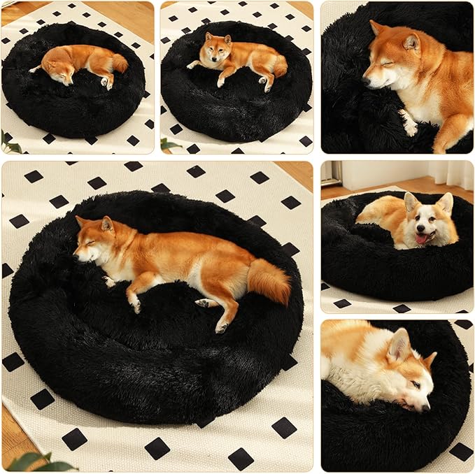 Dog Bed Calming Dog Beds for Small Medium Large Dogs - Round Donut Washable Puppy Dog Bed, Anti-Slip Faux Fur Fluffy Donut Cuddle Anxiety Cat Pet Bed(20'' Black)