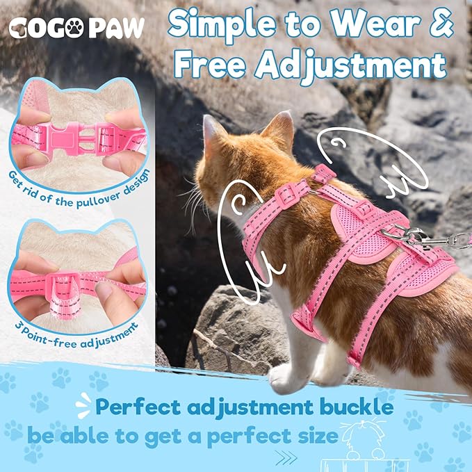 Cat Harness and Leash Set for Walking, Escape Proof Soft Vest Harness for Cats, Adjustable Reflective Kitten Harness for Small Medium Large Cats, Breathable Kitty Harness, Pink M