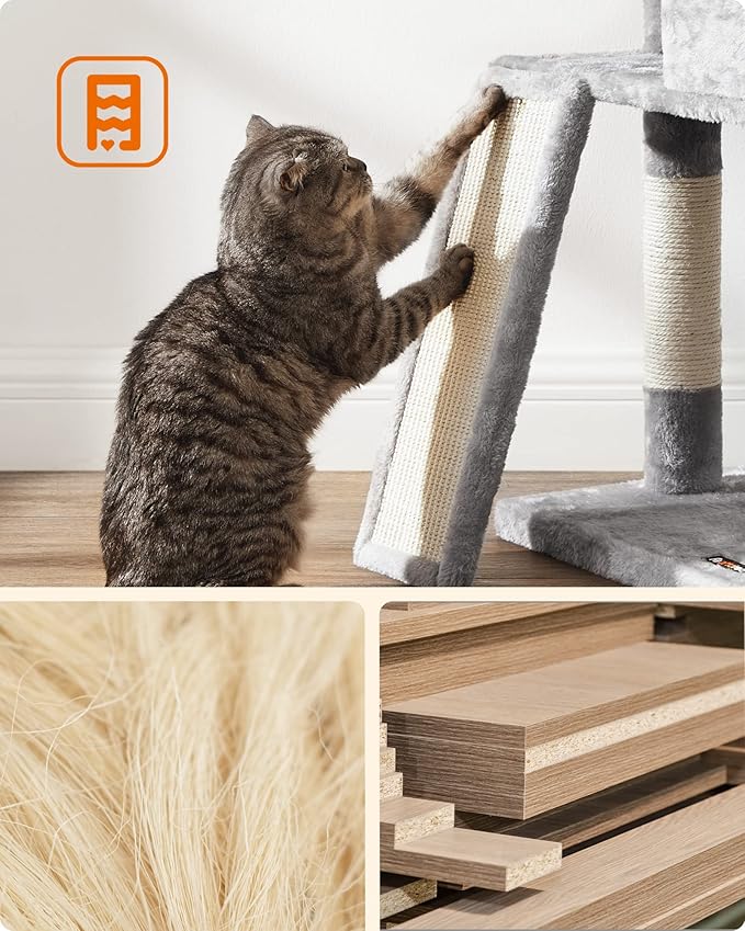 Feandrea Cat Tower, Cat Tree for Indoor Cats, 45.3-Inch Cat Condo with Scratching Post, Ramp, Perch, Spacious Cat Cave, for Kittens, Elderly Cats, Adult Cats, Small Space, Light Gray UPCT141W01