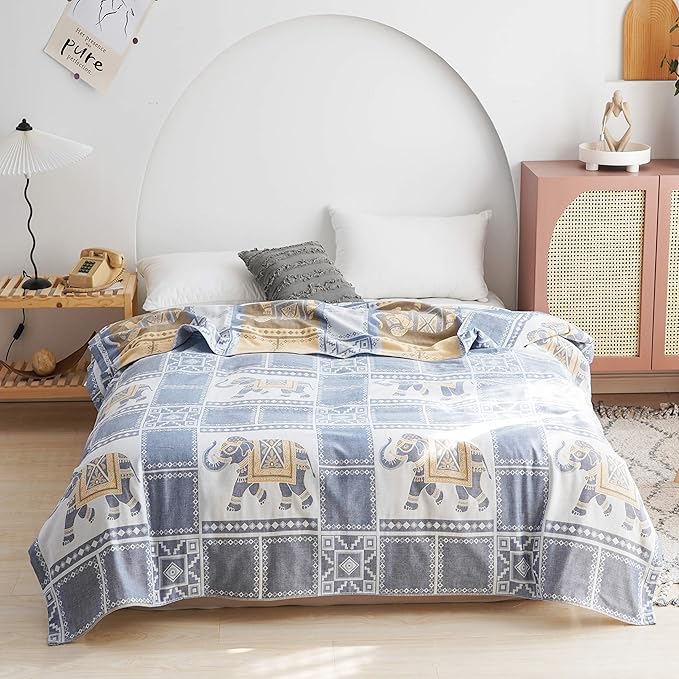 MEJU Elephant Check Geometric Muslin Lightweight Summer Blanket for Bed Sofa Couch, 100% Combed Cotton 2 Layer Soft Warm Quick Dry Throw Blanket Bed Coverlet Sheet Blue F/Q 80 in X 90 in