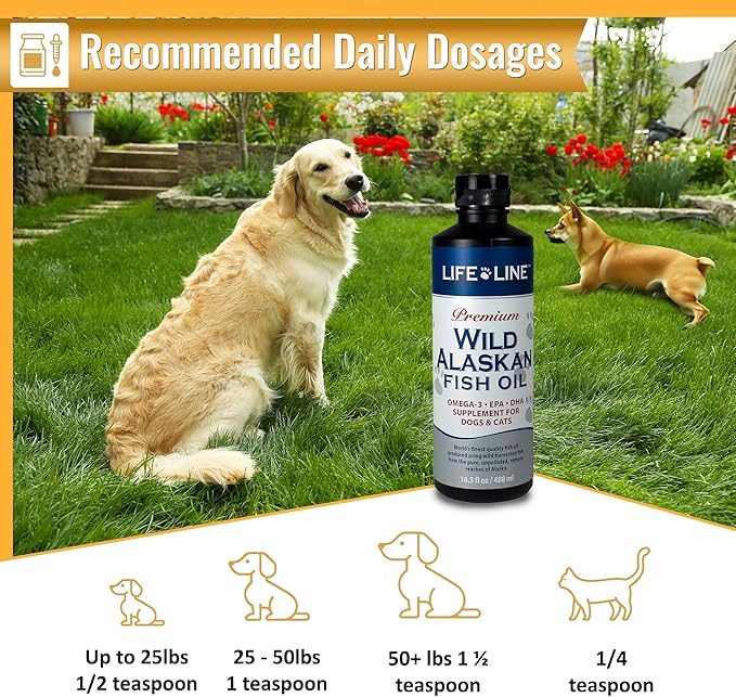 Life Line Pet Nutrition Wild Alaskan Fish Oil Omega-3 Supplement for Skin & Coat – Supports Brain, Eye & Heart Health in Dogs & Cats, 16.5oz