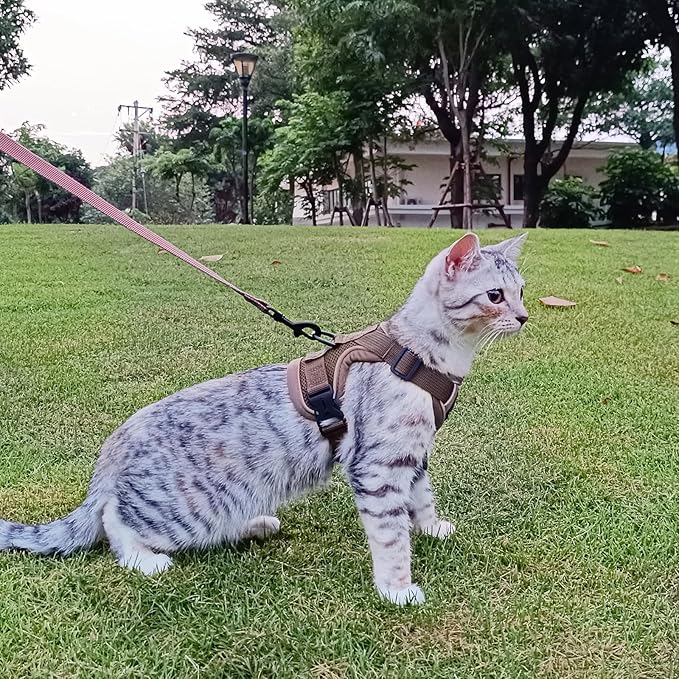 Cat Harness and Leash Set Escape Proof Tactical Large Kitten Harness Emotional Support Cat Vest, Brown, L