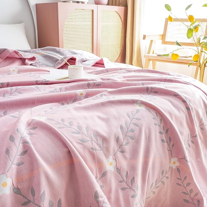 MEJU Flower Muslin Lightweight Summer Blanket for Bed Sofa Couch, 100% Combed Cotton 2 Layer Soft Warm Quick Dry Throw Blanket Bed Coverlet Sheet Flower Pink, Twin 60 in X 80 in