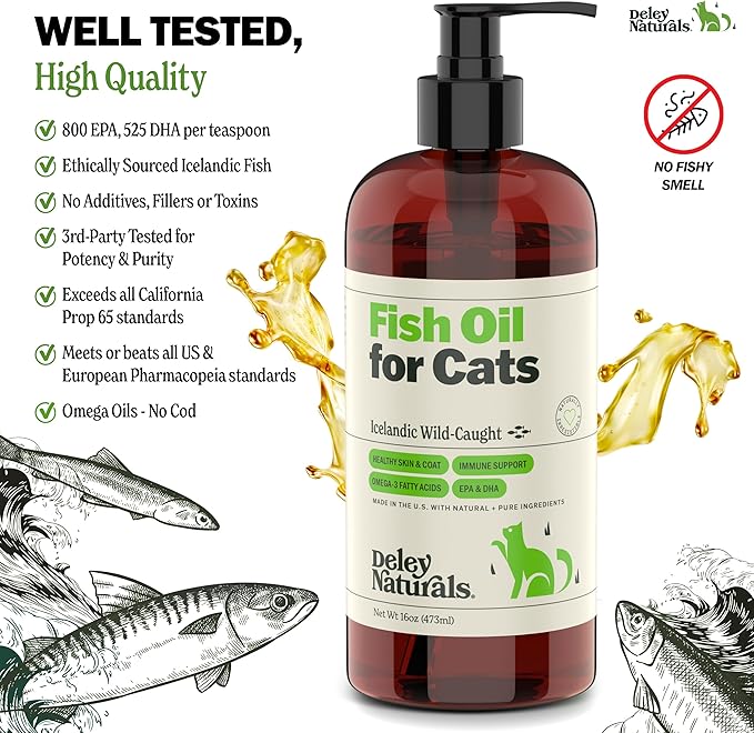 Deley Naturals Wild Caught Fish Oil for Cats with Omega 3 6 9 - Cat Fish Oil with Highest EPA & DHA Potency - Omega 3 for Cats to Reduce Shedding & Support Skin, Coat, Joints, Heart & Immune System