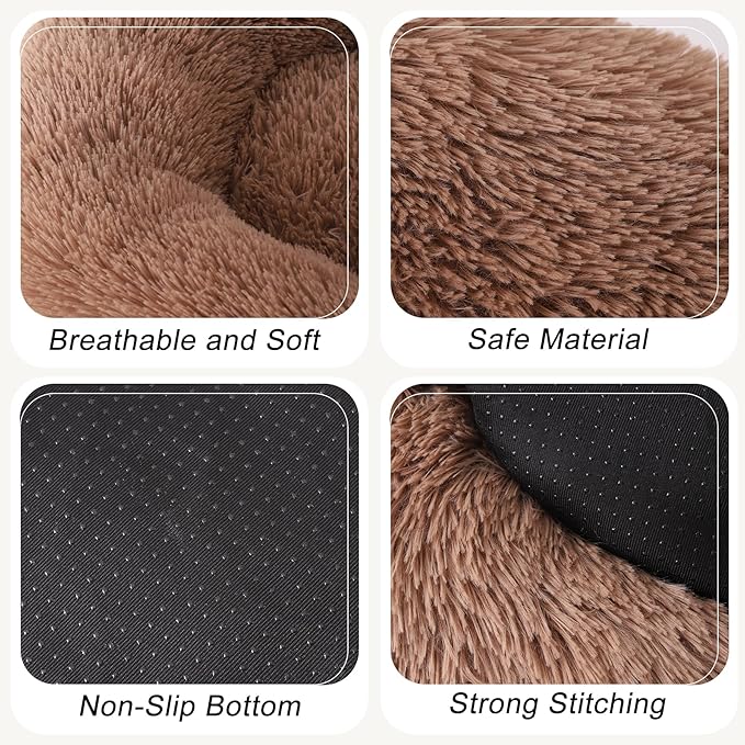 Calming Dog Bed, Dog Beds Fits up to 40 lbs Pets, Fluffy Donut Dog & Cat Bed Washable, Round Anti Anxiety Dog Bed, Small Dog Bed with Non-Slip Bottom (Khaki, 28" x 28")