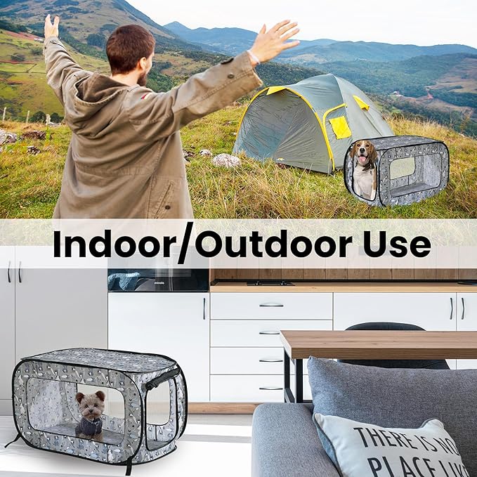 Beatrice Home Fashions Portable, Collapsible, Pop Up Kennel Travel Cat and Dog Crate, 24" L x 16.6" W x 16" H, Tail Waggers