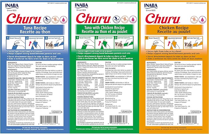 INABA Churu Lickable Purée Natural Cat Treats Tuna & Chicken 3 Flavor Assortment of 12 Tubes