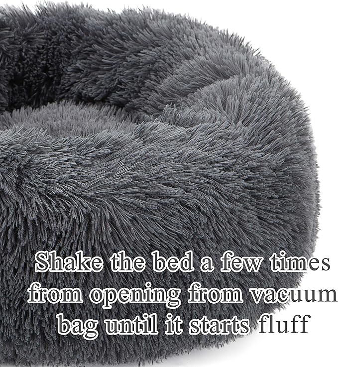 Calming Donut Dog Bed XL, Plush Round Cuddler Dog & Cat Cushion Bed, Anit-Anxiety Marshmellow Fluffy Faux Fur, Self-Warming Comfy Cozy Pet Bed (32", Deep Grey)