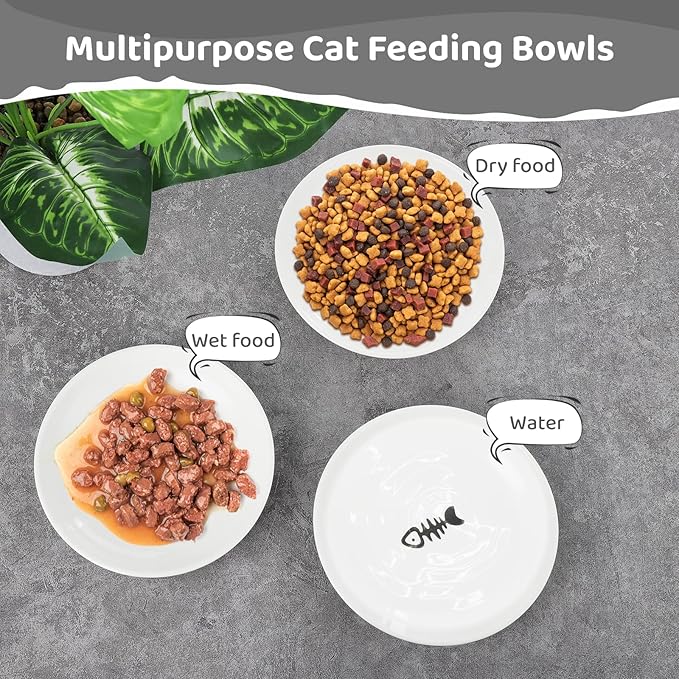 Dorakitten Ceramic Cat Bowls - 10 Pack, No Whisker Fatigue Wide Shallow Cat Dishes with Non-Slip Silicone Bottom, Pet Food & Water Plates, 15cm Diameter