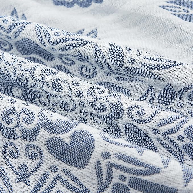 MEJU Feather Heart Boho Indian Blue Muslin All Season Blanket for Bed Sofa Couch 100% Combed Cotton 3 Layer Soft Warm Bedspread Throw Blanket Bed Coverlet Sheet F/Q 80 in x 90 in