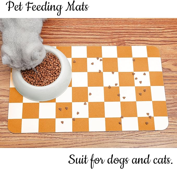 Ralxion Checkered Dog Feeding Mat, Absorbent Mats for Dog Food and Water Bowl, Dispenser, Aesthetic Purple Checkerboard Pet Placemat for Dogs, Cats, Puppy Accessories (Orange, 12 x 19)