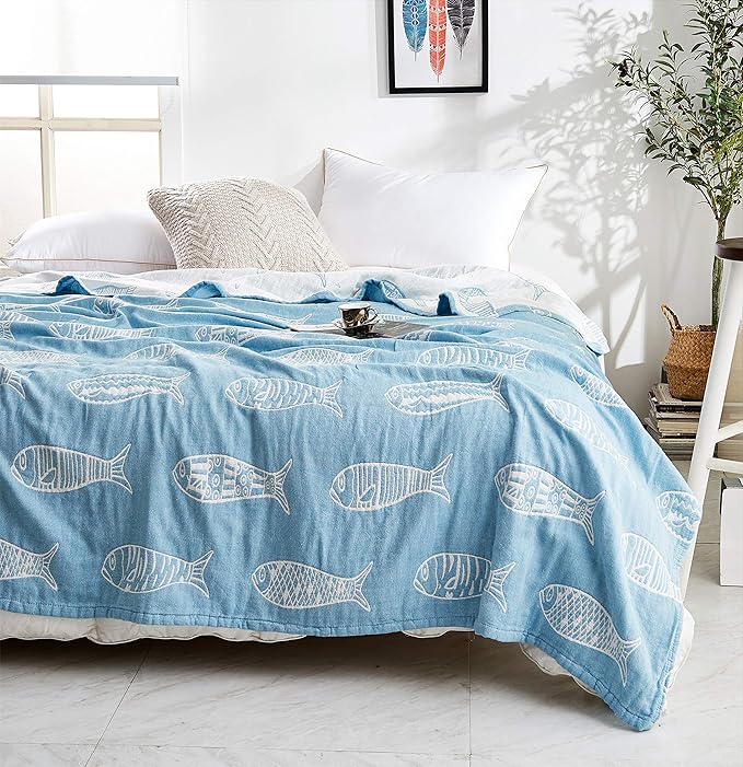 MEJU Fish Blue Muslin Lightweight Summer Blanket for Bed Sofa Couch 100% Combed Cotton 3 Layer Soft Warm Quick Dry Throw Blanket Bedspread Bed Coverlet Sheet Twin 60 in X 80 in