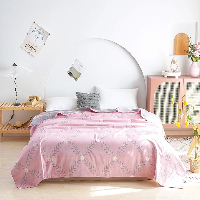 MEJU Flower Muslin Lightweight Summer Blanket for Bed Sofa Couch, 100% Combed Cotton 2 Layer Soft Warm Quick Dry Throw Blanket Bed Coverlet Sheet Flower Pink, Twin 60 in X 80 in