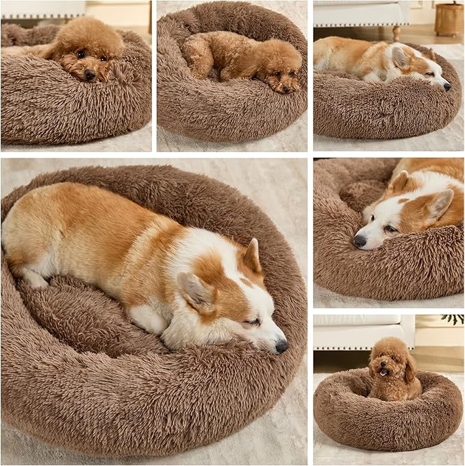 Dog Bed Calming Dog Beds for Small Medium Large Dogs - Round Donut Washable Puppy Dog Bed, Anti-Slip Faux Fur Fluffy Donut Cuddle Anxiety Cat Pet Bed(16'' Khaki