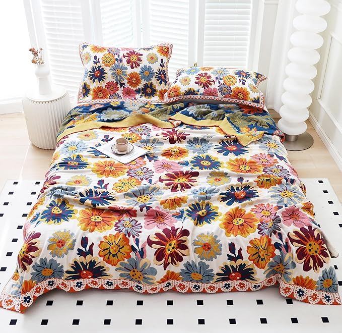 MEJU Daisy Flower Colorful All Season Boho Reversible Rustic Farmhouse Blanket for Bed Sofa Couch 100% Combed Cotton 4 Layer Soft Warm Quick Dry Throw Blanket Bed Coverlet Sheet Twin 60 in x 80 in