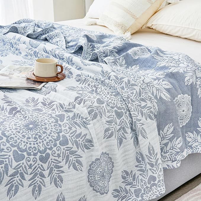 MEJU Feather Heart Boho Indian Blue Muslin All Season Blanket for Bed Sofa Couch 100% Combed Cotton 3 Layer Soft Warm Bedspread Throw Blanket Bed Coverlet Sheet F/Q 80 in x 90 in