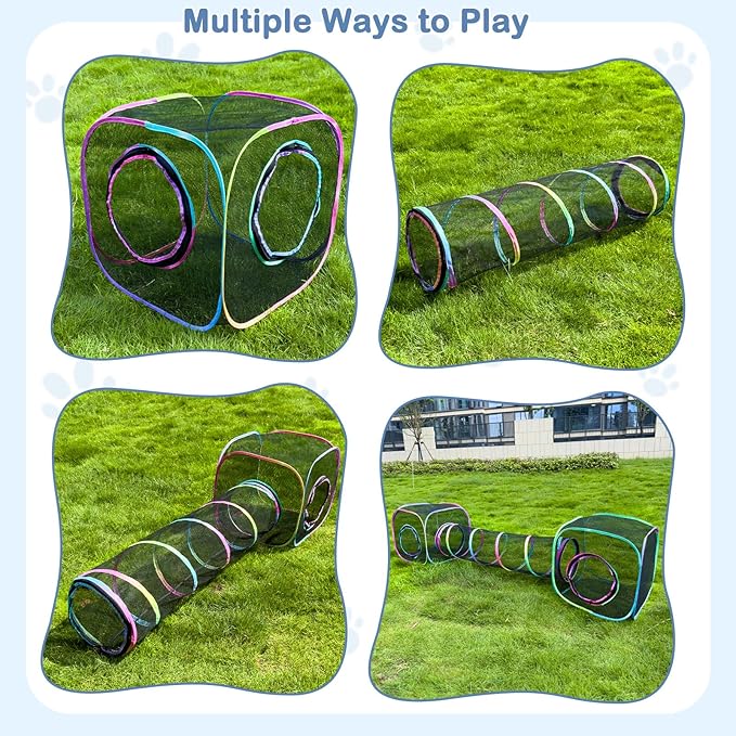 Outdoor Cat Enclosures Portable Cat Tunnel with Carry Bag Breathable Cat Tent Outdoor with 2 Mouse Toys Outside Cat Enclosure for Indoor Cats (2 Cubes + Run Tunnel)