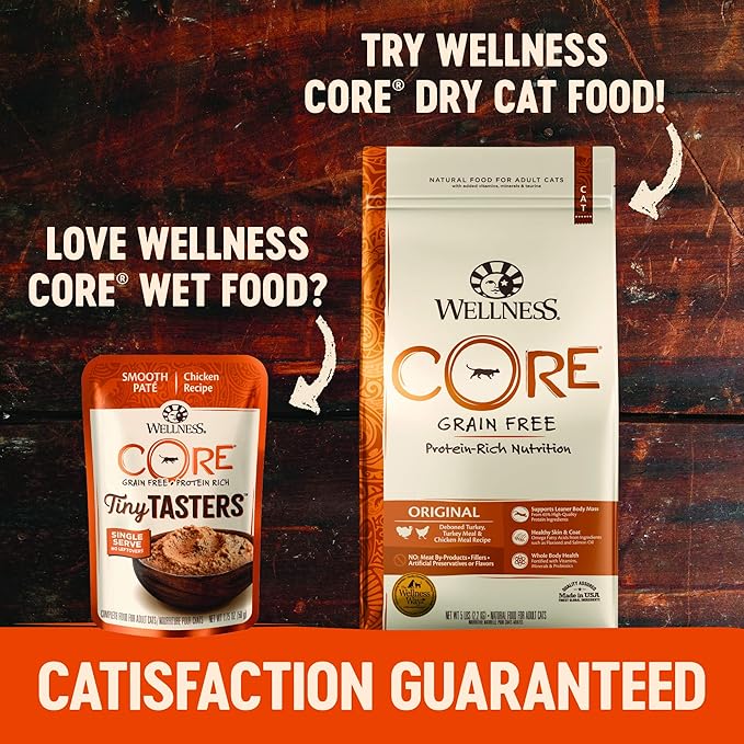 Wellness CORE Tiny Tasters Wet Cat Food Topper, Grain Free, Complete & Balanced Nutrition Made with Real Meat, No-Mess Pouches, (Adult Cat, Land Variety Pack), 1.75 Ounce (Pack of 12)