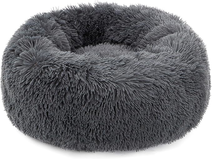 Calming Donut Dog Bed XL, Plush Round Cuddler Dog & Cat Cushion Bed, Anit-Anxiety Marshmellow Fluffy Faux Fur, Self-Warming Comfy Cozy Pet Bed (32", Deep Grey)