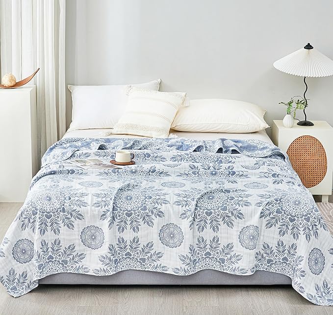 MEJU Feather Heart Boho Indian Blue Muslin All Season Blanket for Bed Sofa Couch 100% Combed Cotton 3 Layer Soft Warm Bedspread Throw Blanket Bed Coverlet Sheet F/Q 80 in x 90 in
