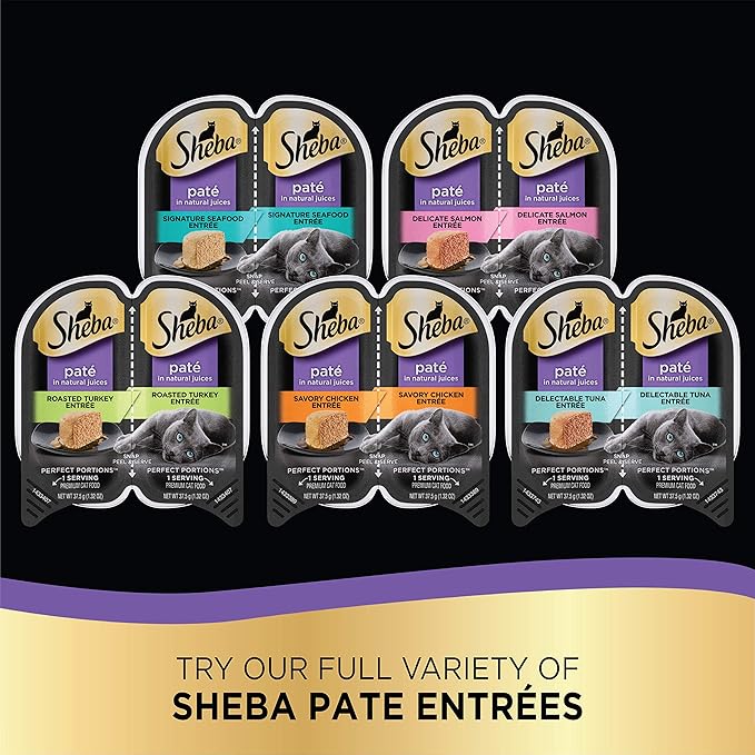 Sheba Perfect Portions Paté Wet Cat Food Variety Pack, Savory Chicken Entrée, Roasted Turkey Entrée, With Sustainable Salmon, and Tender White Fish & Tuna Entrée, 2.6 oz. Trays (48 Count, 96 Servings)