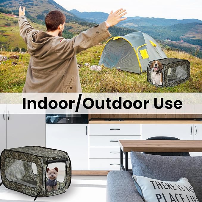 Beatrice Home Fashions Portable, Collapsible, Pop Up Kennel Travel Cat and Dog Crate, 24" L x 16.6" W x 16" H, Camo Green