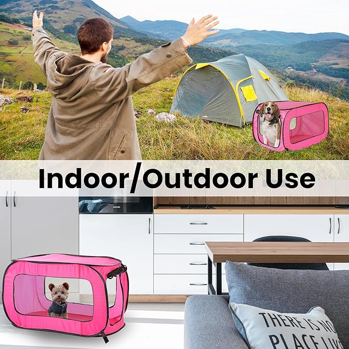 Beatrice Home Fashions Portable, Collapsible, Pop Up Kennel Travel Cat and Dog Crate, 24" L x 16.6" W x 16" H, Fuchsia