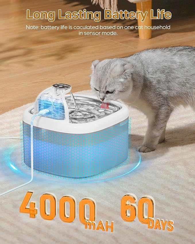 Wireless Cat Water Fountain with Stainless Steel Lid, 118oz/3.5L Quiet Cordless Cat Drinking Fountain with Replacement Filters, Automatic Pet Water Dispenser for Cats, Dogs