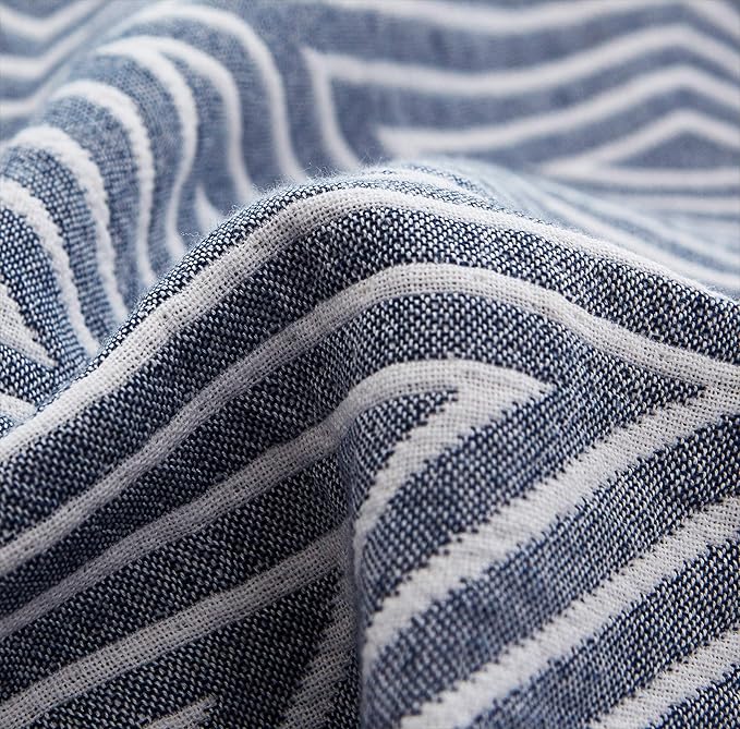 MEJU Blue Striped Checks Triange Muslin Reversible Throw Blanket for Bed Sofa Couch 100% Combed Cotton 3 Layer Soft Warm Quick Dry Throw Blanket Bedspread Bed Coverlet Sheet Full Queen 80 in X 90 in