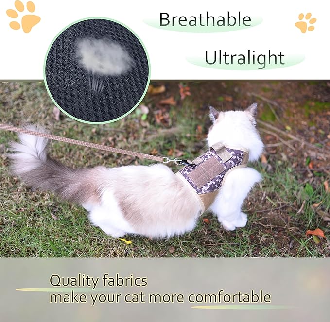 Tactical Kitty Harness and Leash for Walking Escape Proof, Desert Camo, X-Small, Adjustable Cat Walking Jackets, Padded Stylish Cat Vest for Winter