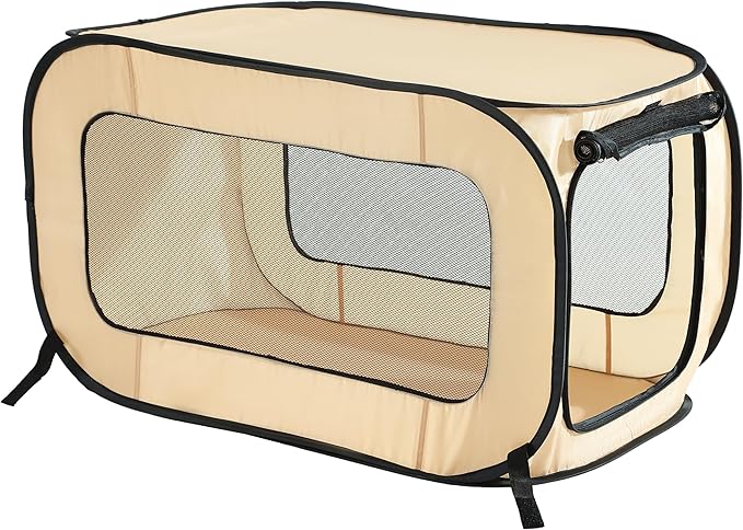 Beatrice Home Fashions Portable, Collapsible, Pop Up Kennel Travel Cat and Dog Crate, 32.5" L x 19.5" W x 19.5" H, Beige