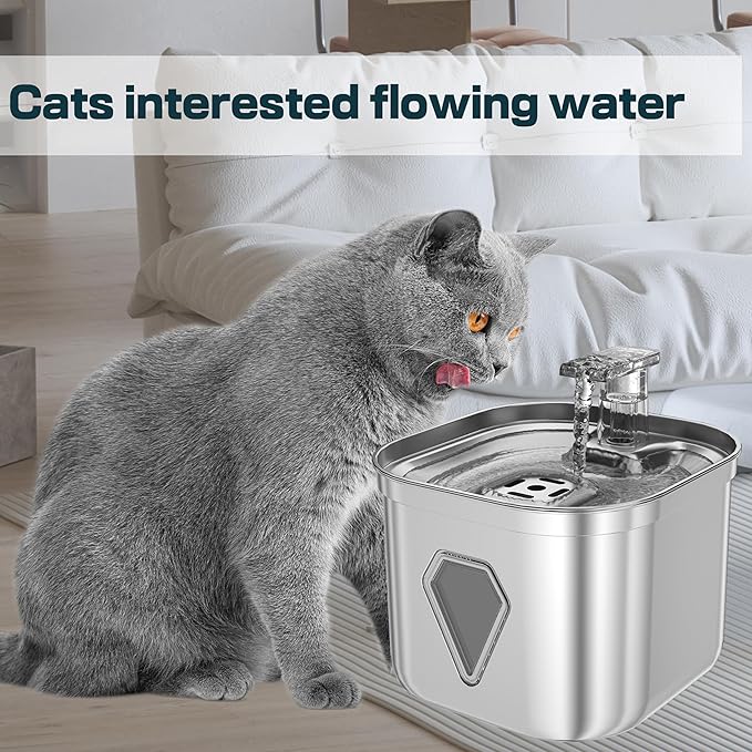 Cat Water Fountain Stainless Steel, Pet Water Fountain for Drinking, 2.2L/73oz Cat Fountain, Automatic Dog Water Dispenser, Water Level Window&3 Filters, Multiple Pet Fountain