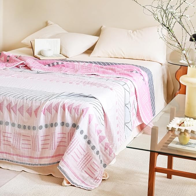 MEJU Pink Boho Geometric Retro Southwest Muslin All Season Blanket for Bed Sofa Couch 100% Combed Cotton 3 Layer Soft Cozy Quilt Throw Blanket Bed Coverlet Sheet Twin 60 in x 80 in