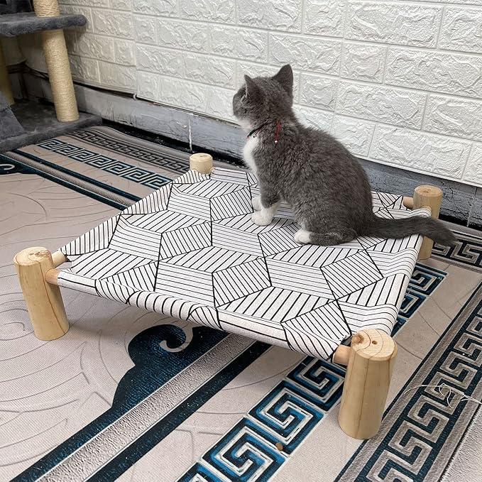 Pozico Cat/Dog Bed Hammock Cat Bed, Wooden Dog Elevated Indoor Outdoor Beds, Raised Cat Cots Furniture Pet Bed Puppy Bed Portable Breathable Mesh Cat Beds for Small Animals-White Diamond